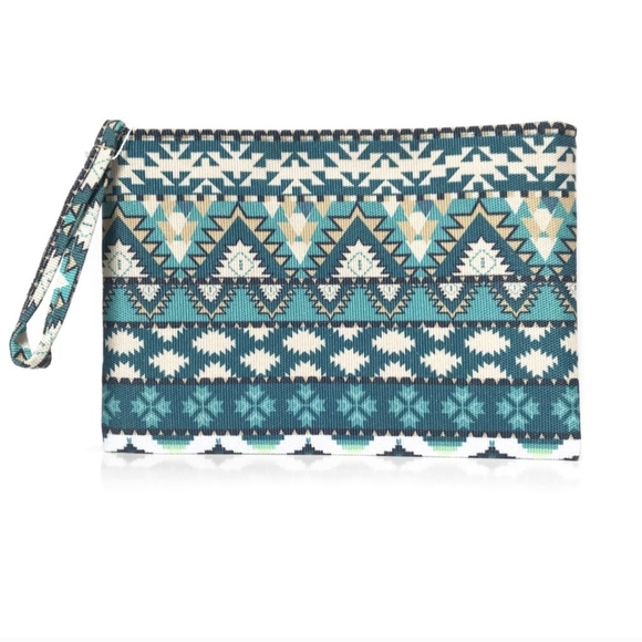 Handbags - Aztec Print Clutch/Wristlet in a Beautiful Blue/Teal and Ivory Color